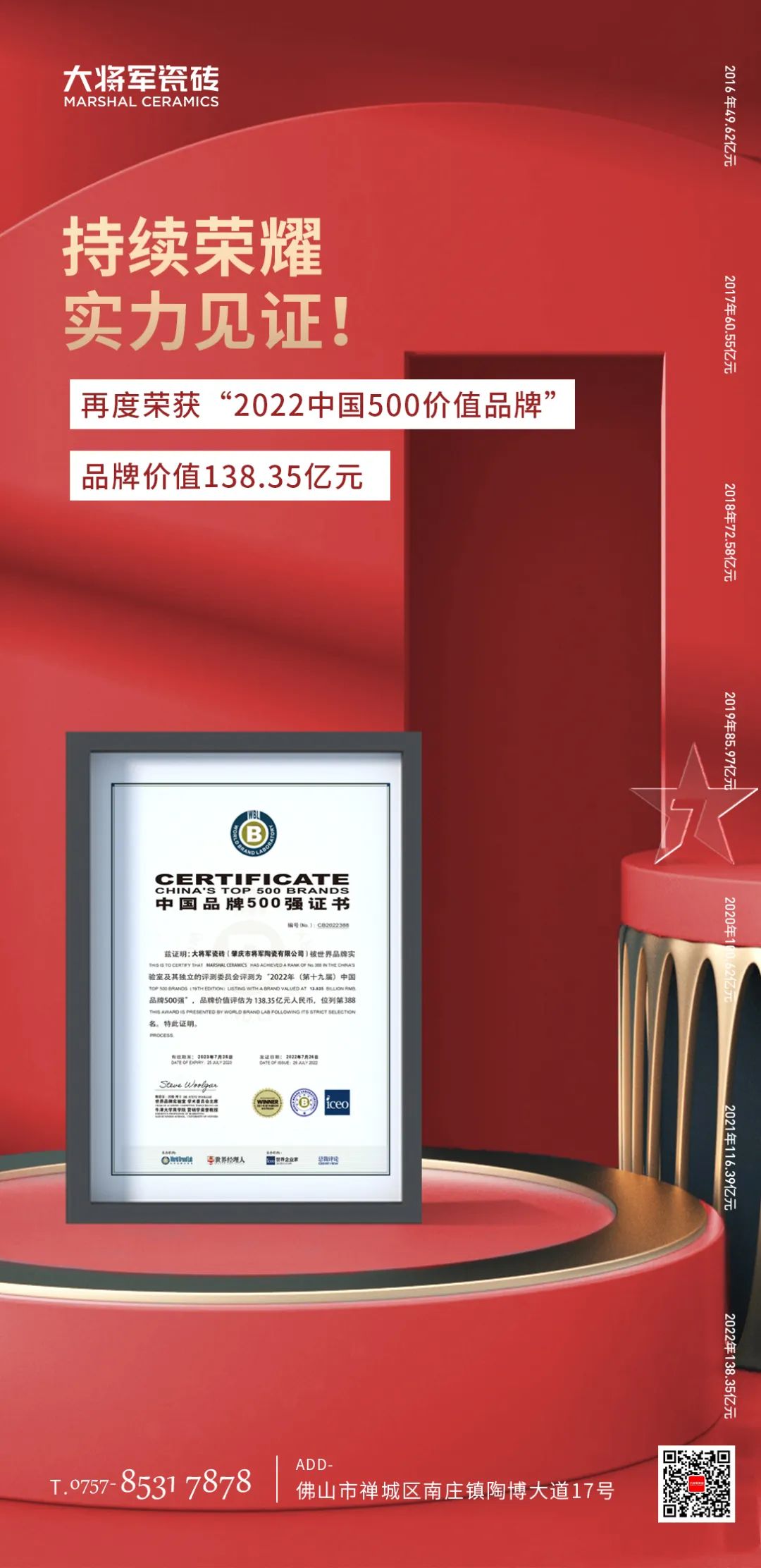 步履不停！138.35億元！大將軍瓷磚連續(xù)7年上榜中國500價值品牌！(圖3)